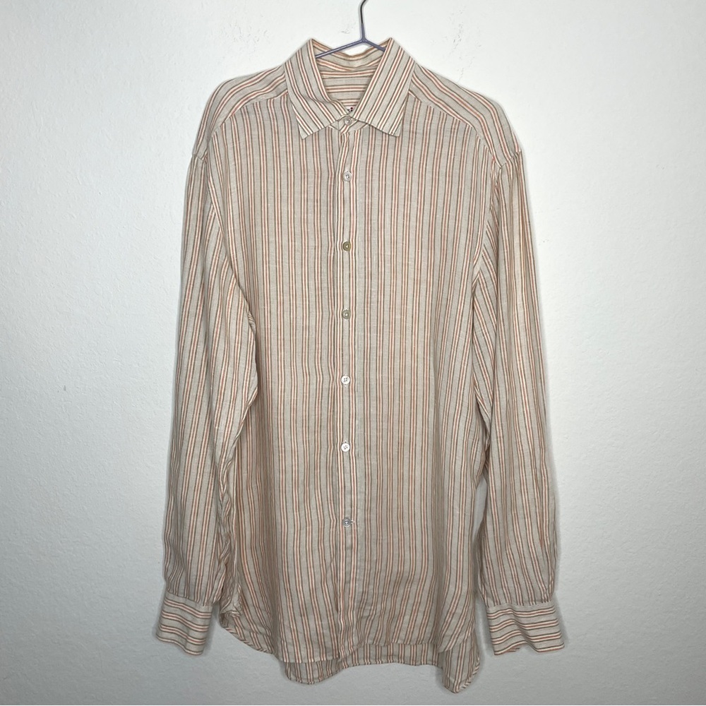 Kiton Mens Tan Striped 100% Linen Button Down Shirt Size 41